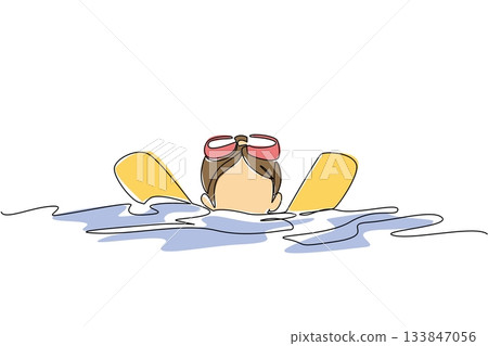 Single continuous line drawing a boy learns to swim using noodle swim. Practice regularly on weekends. Prospective swimmer. Serious. National Learn to Swim Day. One line design vector illustration 133847056