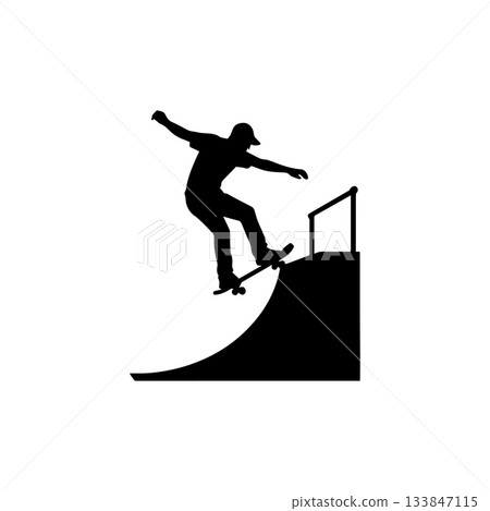 skateboarder performing trick on ramp silhouette isolated on white background skateboarder performing trick on ramp silhouette isolated on white background 133847115