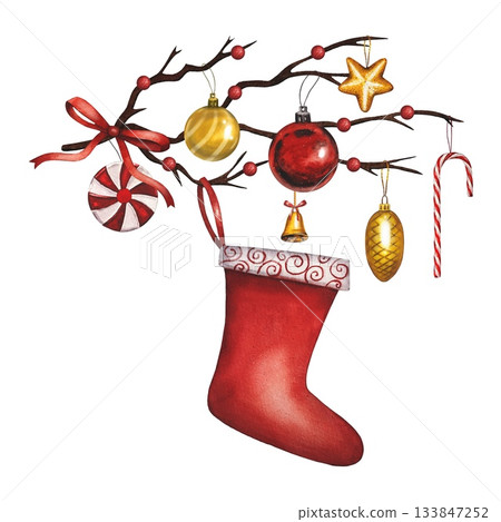 Hand drawn tree branch with Christmas red and gold decorations and red bow. Christmas watercolor illustration. 133847252