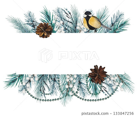 Hand drawn frame of spruce branches, fir cones, great tit. Watercolor illustration. Perfect for winter invitations. Hand drawn frame of spruce branches, fir cones, great tit. Watercolor illustration. Perfect for winter invitations. 133847256