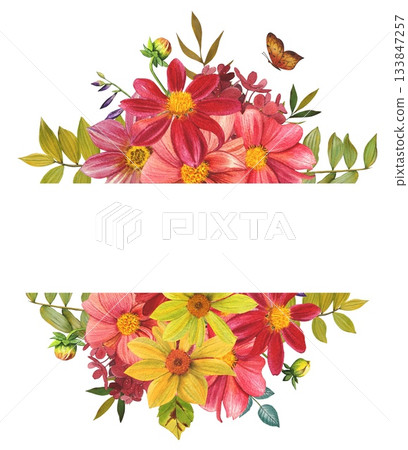Floral  horizontal frame with dahlias and  leaves. Hand drawn watercolor clip art. 133847257