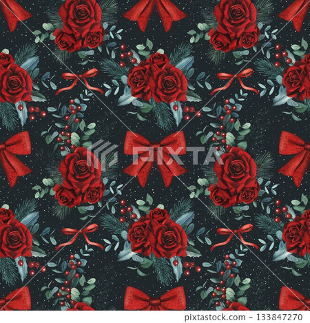Hand drawn Christmas seamless pattern with red roses, eucalyptus branches, red berries, fir branches, red bows. Watercolor illustration. 133847270