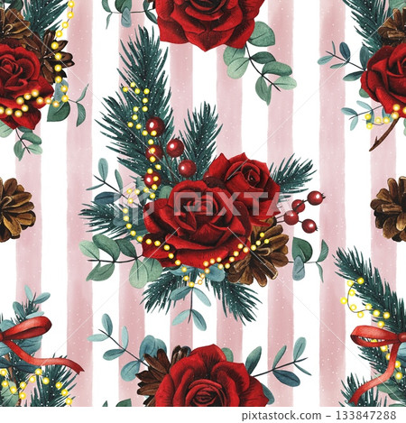 Hand drawn Christmas seamless pattern with red roses, eucalyptus branches, red berries, fir branches, cone. Watercolor illustration. 133847288