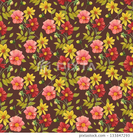 Seamless floral  pattern with vibrant yellow, red dahlias, leaves. Hand drawn watercolor illustration. 133847293