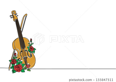 Single continuous line drawing the violin is in a standing position with flowers around it. Heart touching romantic music. Symbolism. Melody. World Fiddle Day. One line design vector illustration Single continuous line drawing the violin is in a standing position with flowers around it. Heart touching romantic music. Symbolism. Melody. World Fiddle Day. One line design vector illustration 133847311