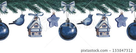 Seamless border with sruce branches, blue ornaments, Christmas decor. Watercolor illustration. 133847312