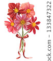 Red and pink dahlias. An arrangement of bright dahlias, red ribbon. Hand drawn watercolor illustration. 133847322