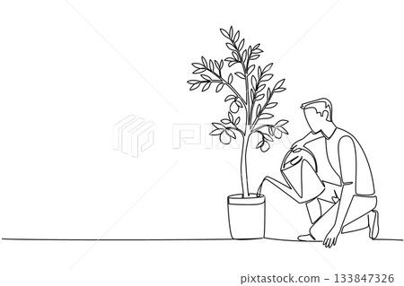 Single one line drawing a man watering a lemon tree in a pot using a watering can. Water it. Enjoy the results at harvest time. Plant a Lemon Tree Day. Continuous line design graphic illustration 133847326
