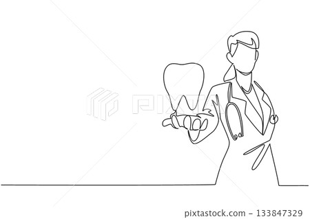 Single one line drawing female doctor holding a large tooth and pointing it forward. Young doctor gives an example of healthy teeth. National Dentist Day. Continuous line design graphic illustration Single one line drawing female doctor holding a large tooth and pointing it forward. Young doctor gives an example of healthy teeth. National Dentist Day. Continuous line design graphic illustration 133847329