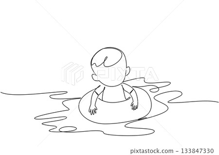 Continuous one line drawing baby boy wearing swimming ring. Fear was replaced by joy after being exposed to water. Floating. National Learn to Swim Day. Single line draw design vector illustration Continuous one line drawing baby boy wearing swimming ring. Fear was replaced by joy after being exposed to water. Floating. National Learn to Swim Day. Single line draw design vector illustration 133847330