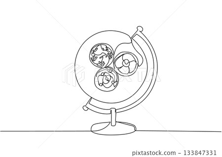 Single continuous line drawing a globe with a round plate in the middle containing 3 cupcakes. A practical and delicious dessert. Sweet. Filling. World Baking Day. One line design vector illustration 133847331