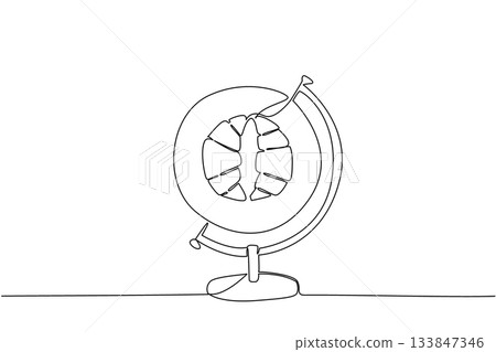 Single one line drawing a globe with a round plate in the middle containing 2 croissants. World Baking Day. Instant energy source. High in carbohydrates. Continuous line design graphic illustration 133847346