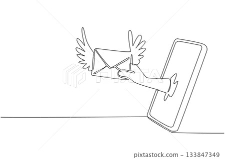 Continuous one line drawing hand holding winged envelope coming out of smartphone. Sending cards via app. Modern. Send an Electronic Greeting Card Day. Single line draw design vector illustration 133847349