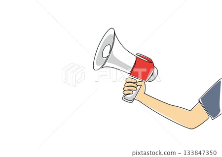 Single one line drawing a hand in casual clothes is holding a megaphone. A tool to help many people hear. Important announcement. National Be Heard Day. Continuous line design graphic illustration 133847350
