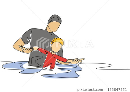 Single one line drawing a man holding a boy learning to swim. Hire the services of a trained, certified instructor. Training. National Learn to Swim Day. Continuous line design graphic illustration 133847351