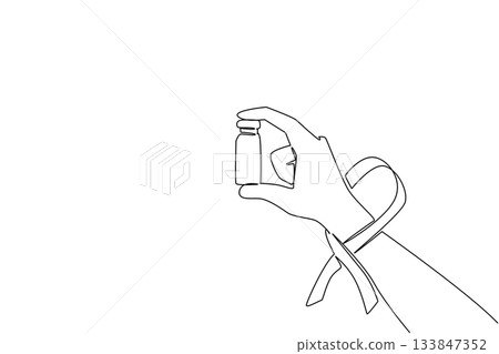 Single continuous line drawing hand holds medical glass vial or vaccine bottle with red ribbon on wrist. Vaccination. Treatment. National HIV Vaccine Awareness Day. One line design vector illustration Single continuous line drawing hand holds medical glass vial or vaccine bottle with red ribbon on wrist. Vaccination. Treatment. National HIV Vaccine Awareness Day. One line design vector illustration 133847352