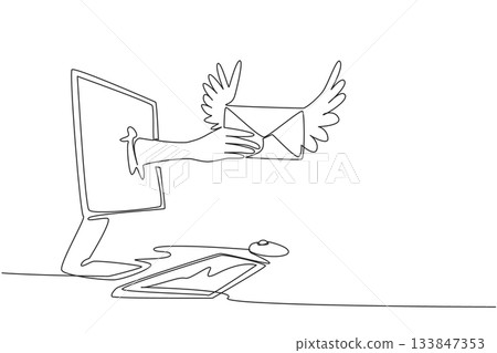 Single one line drawing hand holding winged envelope coming out of monitor screen. Taking advantage of the facilities. Send an Electronic Greeting Card Day. Continuous line design graphic illustration Single one line drawing hand holding winged envelope coming out of monitor screen. Taking advantage of the facilities. Send an Electronic Greeting Card Day. Continuous line design graphic illustration 133847353