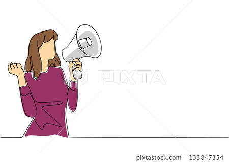 Single continuous line drawing woman in casual clothes holding a megaphone and shouting. Look fashionable when giving announcements. Cheer. National Be Heard Day. One line design vector illustration 133847354