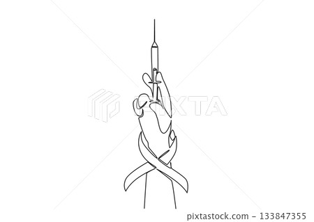 Single one line drawing hand holding an injection with a red ribbon on the wrist. Doctor. Solidarity. Healing action. National HIV Vaccine Awareness Day. Continuous line design graphic illustration 133847355