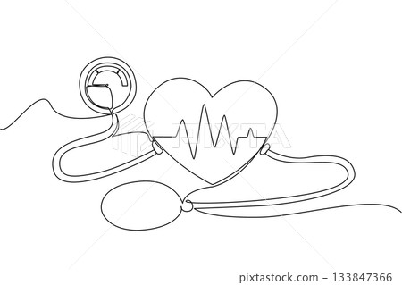 Single continuous line drawing heart pulse graph in center of the heart with pump and blood pressure meter at both ends. Medical checkup. World Hypertension Day. One line design vector illustration 133847366