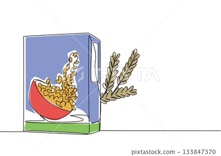 Single one line drawing cereal packaging box with wheat on the back of the packaging box. Healthy snacks made from wheat. Low fat. National Cereal Day. Continuous line design graphic illustration Single one line drawing cereal packaging box with wheat on the back of the packaging box. Healthy snacks made from wheat. Low fat. National Cereal Day. Continuous line design graphic illustration 133847370