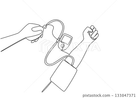Single one line drawing hand is being tensed. Regular routine health checks. Realizing the importance of health. Healthy living. World Hypertension Day. Continuous line design graphic illustration Single one line drawing hand is being tensed. Regular routine health checks. Realizing the importance of health. Healthy living. World Hypertension Day. Continuous line design graphic illustration 133847371