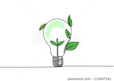 Single one line drawing bulb lamp with leaves on the side. Energy symbolization can coexist with nature. Environmentally friendly. World Plant Power Day. Continuous line design graphic illustration Single one line drawing bulb lamp with leaves on the side. Energy symbolization can coexist with nature. Environmentally friendly. World Plant Power Day. Continuous line design graphic illustration 133847382
