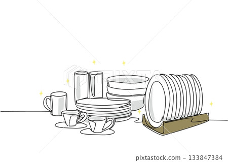 Single one line drawing rows of plates, bowls, mugs and cups. Arrange carefully. Order. According to function. Dinner event. National No Dirty Dishes Day. Continuous line design graphic illustration Single one line drawing rows of plates, bowls, mugs and cups. Arrange carefully. Order. According to function. Dinner event. National No Dirty Dishes Day. Continuous line design graphic illustration 133847384