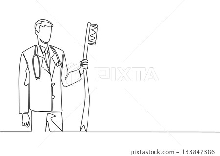 Single one line drawing male doctor in full medical attire holding big toothbrush. Provides directions on how to brush teeth properly. National Dentist Day. Continuous line design graphic illustration 133847386