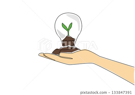 Single continuous line drawing hands holds mound of soil planted with tree shoots and inside bulb lamp. Keep protecting nature. Sustainable. World Plant Power Day. One line design vector illustration 133847391