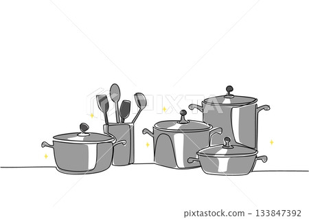 Single one line drawing stack of clean pots and ladles. Collection of cooking tools. Makes every cooking easier. Equipment. National No Dirty Dishes Day. Continuous line design graphic illustration Single one line drawing stack of clean pots and ladles. Collection of cooking tools. Makes every cooking easier. Equipment. National No Dirty Dishes Day. Continuous line design graphic illustration 133847392