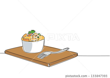 Single continuous line drawing a cheese souffle with celery in a bowl on a wooden chopping board and fork. Still warm. Enjoy now. National Cheese Souffle Day. One line design vector illustration Single continuous line drawing a cheese souffle with celery in a bowl on a wooden chopping board and fork. Still warm. Enjoy now. National Cheese Souffle Day. One line design vector illustration 133847393