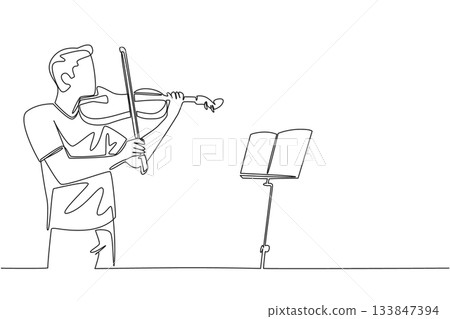 Continuous one line drawing man in casual clothes is playing the violin in front of the note stand. The perfect dress rehearsal. Musician. World Fiddle Day. Single line draw design vector illustration 133847394