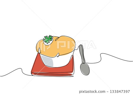 Single one line drawing a cheese souffle with celery in a bowl on a cloth and spoon. A snack with a full cheese flavor. Tasty. National Cheese Souffle Day. Continuous line design graphic illustration 133847397