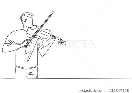 Single one line drawing a man in casual clothes playing the violin. The stunning performance of violinist during the dress rehearsal. World Fiddle Day. Continuous line design graphic illustration Single one line drawing a man in casual clothes playing the violin. The stunning performance of violinist during the dress rehearsal. World Fiddle Day. Continuous line design graphic illustration 133847398