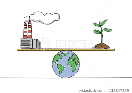 Single continuous line drawing scales with tree shoots and mounds of earth and on the other side a polluted air factory. Balance of nature. World Plant Power Day. One line design vector illustration 133847399