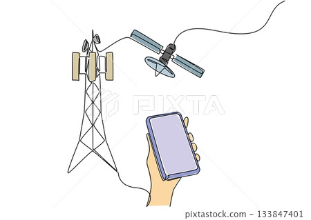 Continuous one line drawing hand holds smartphone and pointing at transmitter tower. Progress of times. World Telecommunication and Information Society Day. Single line draw design vector illustration 133847401