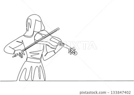Single continuous line drawing a woman in casual clothes is playing the violin. Dress rehearsal for perfect performance. Beauty musician. Melody. World Fiddle Day. One line design vector illustration 133847402