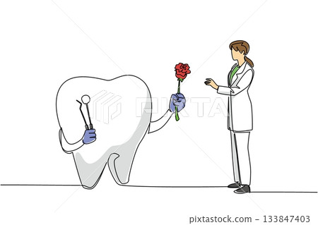 Continuous one line drawing big teeth have hands giving roses to female doctors. Symbolism of gratitude. Maintaining oral health. National Dentist Day. Single line draw design vector illustration Continuous one line drawing big teeth have hands giving roses to female doctors. Symbolism of gratitude. Maintaining oral health. National Dentist Day. Single line draw design vector illustration 133847403