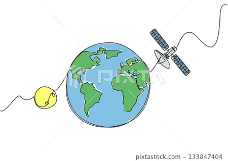 Single continuous line drawing globe with satellite on it. Technology for human convenience. Science. Digital. World Telecommunication and Information Society Day. One line design vector illustration Single continuous line drawing globe with satellite on it. Technology for human convenience. Science. Digital. World Telecommunication and Information Society Day. One line design vector illustration 133847404
