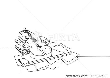 Single one line drawing violin on sheets of notation and stacks of old books. Looking inspiration for melodious tunes. Soothing chants. World Fiddle Day. Continuous line design graphic illustration 133847406