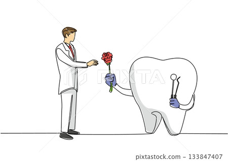 Single one line drawing big teeth have hands giving roses to male doctors. Repay the favor for taking good care of it. Symbolism. National Dentist Day. Continuous line design graphic illustration 133847407