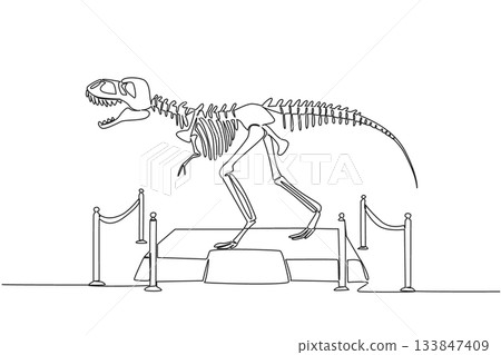 Single continuous line drawing T Rex dinosaur skeleton in museum room. Museum for learning. Get to know ancient animals. Dangerous animal. International Museum Day. One line design vector illustration 133847409