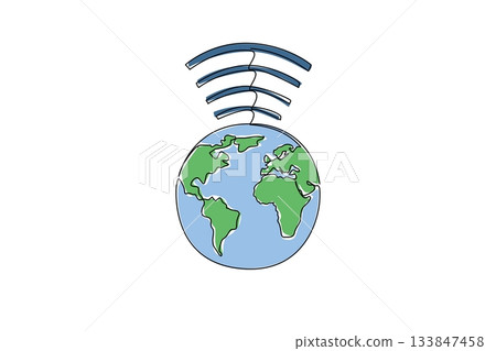 Continuous one line drawing full globe with wifi waves on top. Significant development of technology. World Telecommunication and Information Society Day. Single line draw design vector illustration Continuous one line drawing full globe with wifi waves on top. Significant development of technology. World Telecommunication and Information Society Day. Single line draw design vector illustration 133847458
