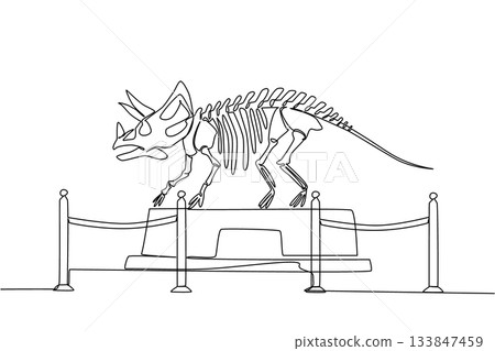 Single continuous line drawing triceratops dinosaur skeleton in museum room. Museum for learning. Studying the anatomy of bones. Extinct. International Museum Day. One line design vector illustration 133847459