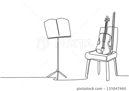 Single one line drawing violin on a chair and beside it there is a note stand with a notation sheet. Respect a musical instrument. Sound. World Fiddle Day. Continuous line design graphic illustration 133847460