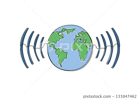 Single one line drawing globe with signal waves on both sides. Symbolization of ease of communication. World Telecommunication and Information Society Day. Continuous line design graphic illustration Single one line drawing globe with signal waves on both sides. Symbolization of ease of communication. World Telecommunication and Information Society Day. Continuous line design graphic illustration 133847462