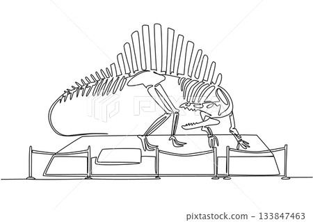 Continuous one line drawing spinosaurus dinosaur skeleton in museum room. History lessons of animals in the past. Tall. Big. International Museum Day. Single line draw design vector illustration Continuous one line drawing spinosaurus dinosaur skeleton in museum room. History lessons of animals in the past. Tall. Big. International Museum Day. Single line draw design vector illustration 133847463