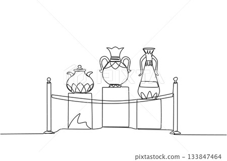 Single one line drawing several jars displayed on podium with ropes attached to poles. A rare vase from the Chinese imperial era. International Museum Day. Continuous line design graphic illustration Single one line drawing several jars displayed on podium with ropes attached to poles. A rare vase from the Chinese imperial era. International Museum Day. Continuous line design graphic illustration 133847464
