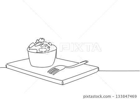 Single continuous line drawing a cheese souffle with celery in a bowl on a wooden chopping board and fork. Still warm. Enjoy now. National Cheese Souffle Day. One line design vector illustration Single continuous line drawing a cheese souffle with celery in a bowl on a wooden chopping board and fork. Still warm. Enjoy now. National Cheese Souffle Day. One line design vector illustration 133847469